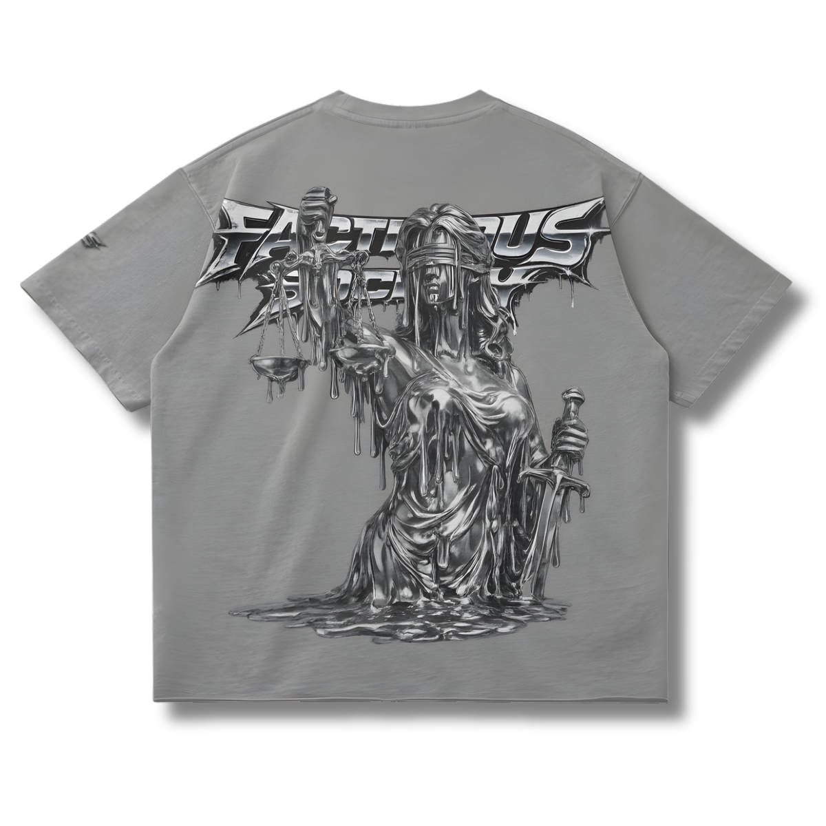 FACTITIOUS SOCIETY Chrome Drip Raw Hem T