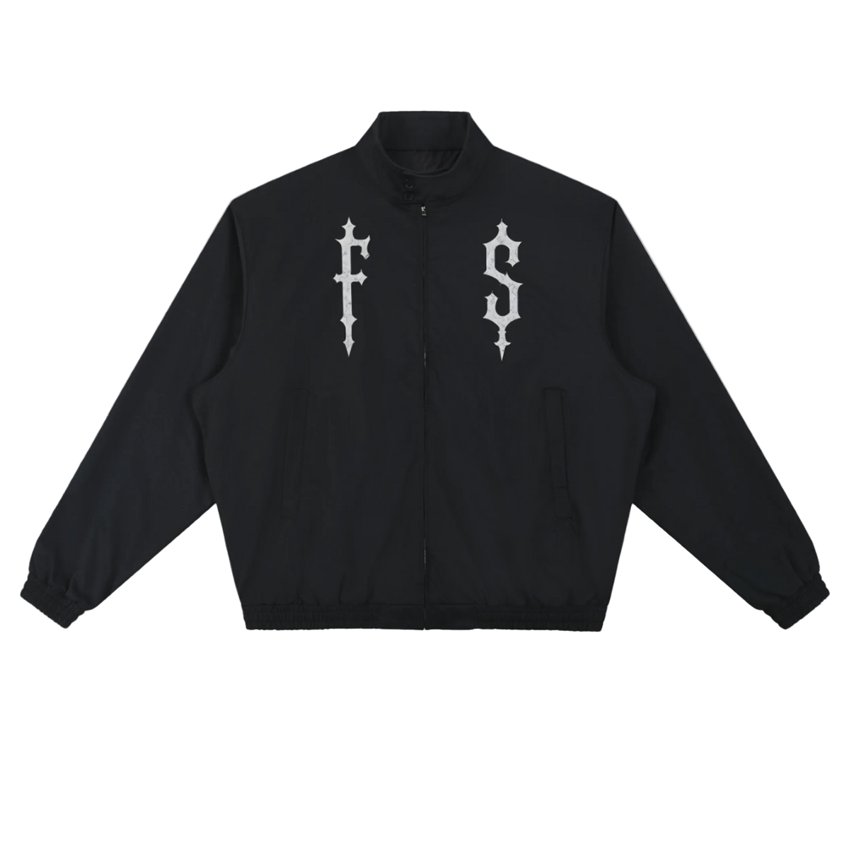 Sinners stand collar bomber jacket from Factitious Society in black