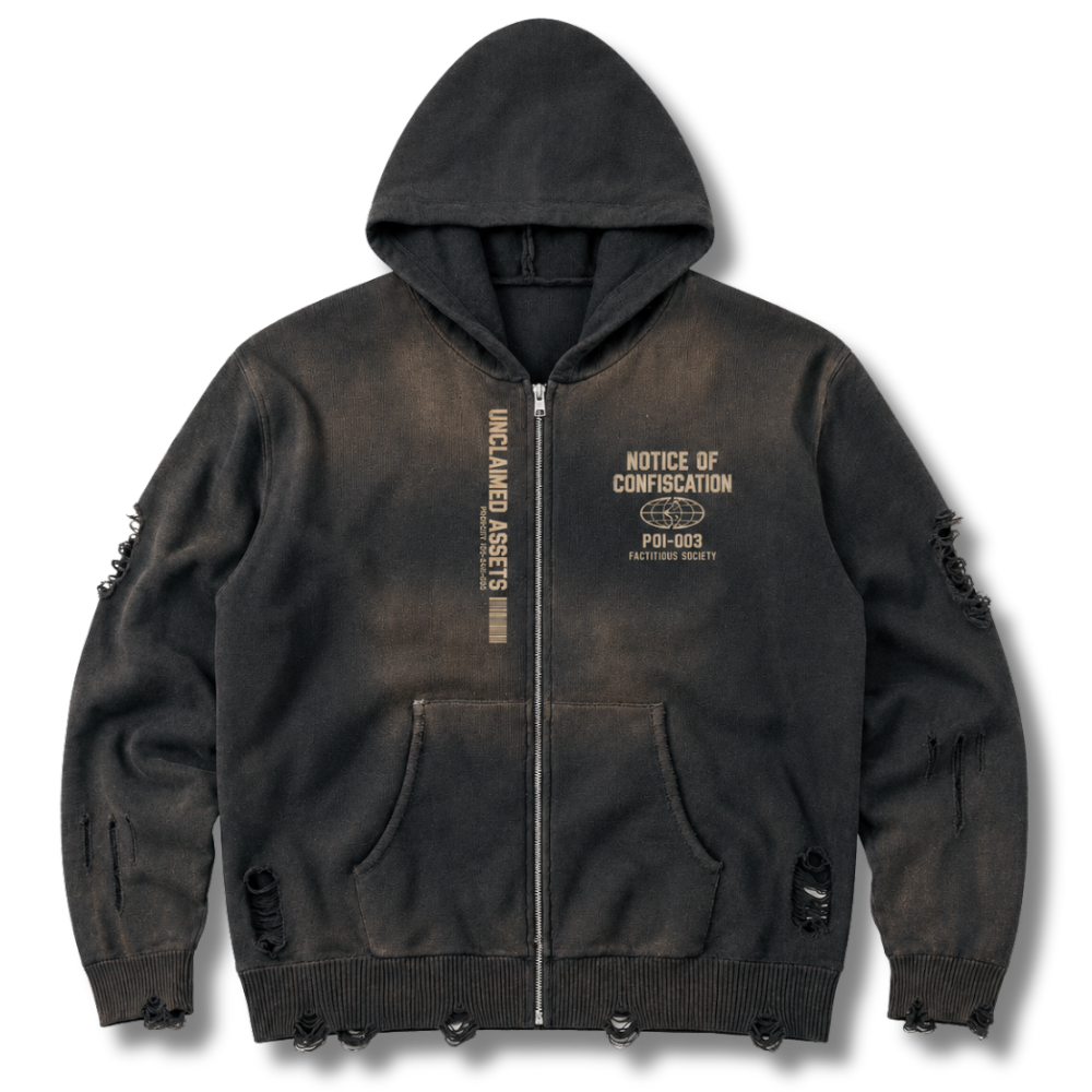 FACTITIOUS SOCIETY NOTICE OF CONFISCATION 720GSM ZIP HOODIE