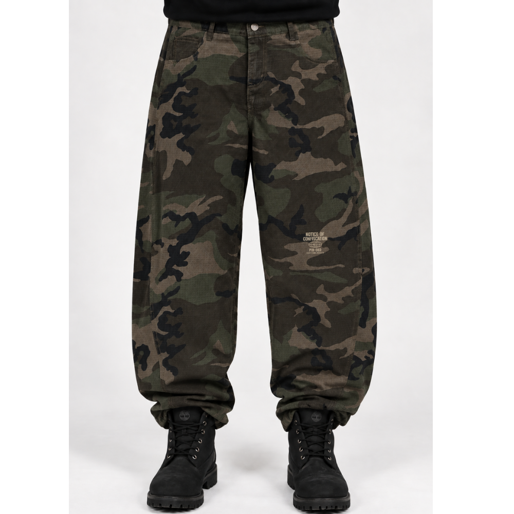CONFISCATED CAMO BARREL PANTS