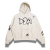 A beige distressed hoodie with the text 'DOA' on the front, along with various other graphics and text on the sleeves.