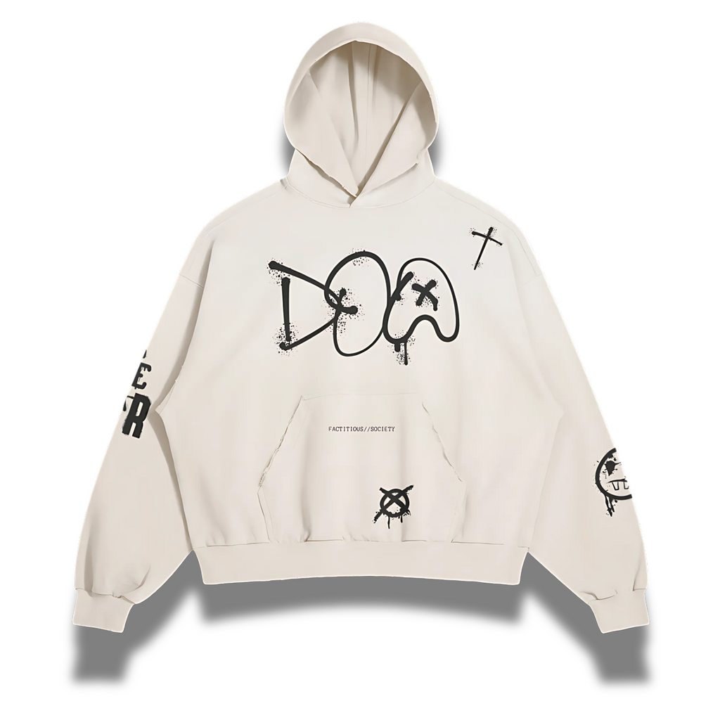 A beige distressed hoodie with the text 'DOA' on the front, along with various other graphics and text on the sleeves.