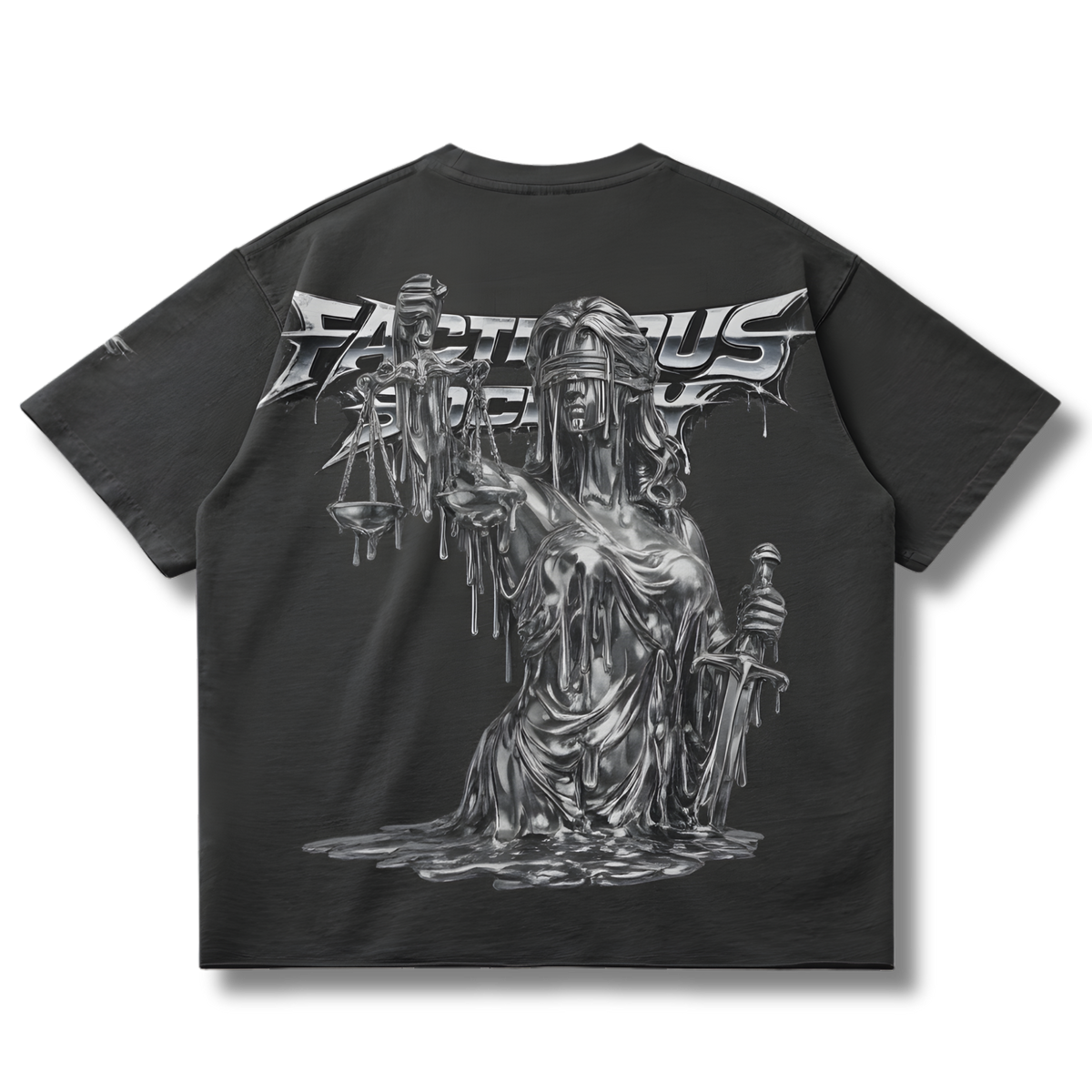 FACTITIOUS SOCIETY Chrome Drip Raw Hem T