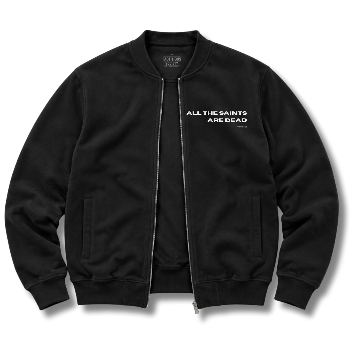 Black All the Saints Fleece Bomber Jacket with full zip, ribbed trim, and ALL THE SAINTS ARE DEAD graphics.