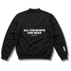 Black All the Saints Fleece Bomber Jacket with full zip, ribbed trim, and ALL THE SAINTS ARE DEAD graphics.