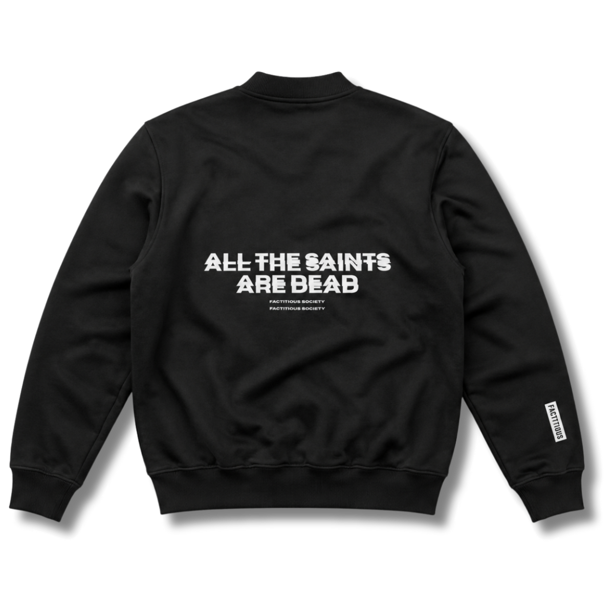 Black All the Saints Fleece Bomber Jacket with full zip, ribbed trim, and ALL THE SAINTS ARE DEAD graphics.