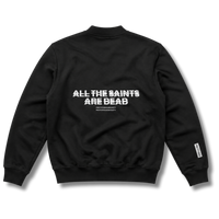 Black All the Saints Fleece Bomber Jacket with full zip, ribbed trim, and ALL THE SAINTS ARE DEAD graphics.