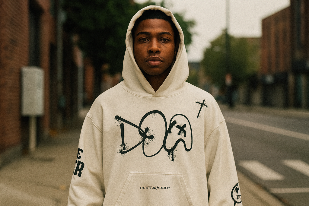 Person wearing a beige hoodie with graphic designs on a street