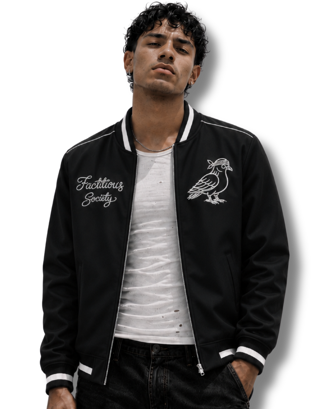 Black Laced Pigeon bomber jacket from Factitious Society with back graphic