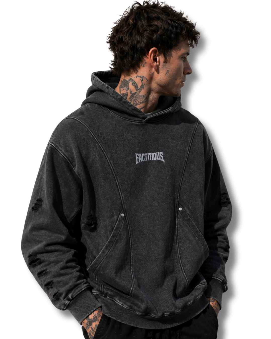 FACTITIOUS SOCIETY STONEWASH PANEL POCKET HOODIE