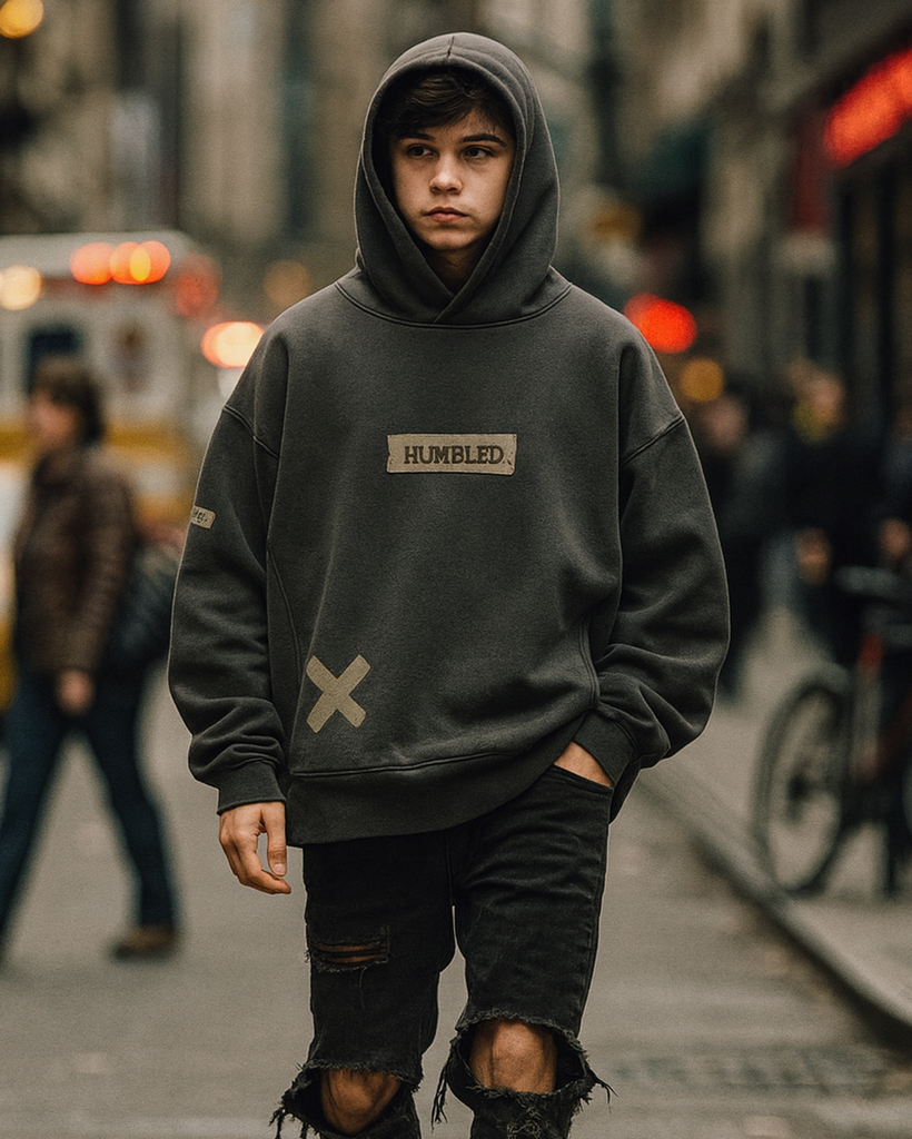 Person wearing a dark hoodie with 'HUMBLE' branding on a city street.