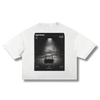Back of white Factitious Society boxy frayed graphic tee with large dark chair artwork
