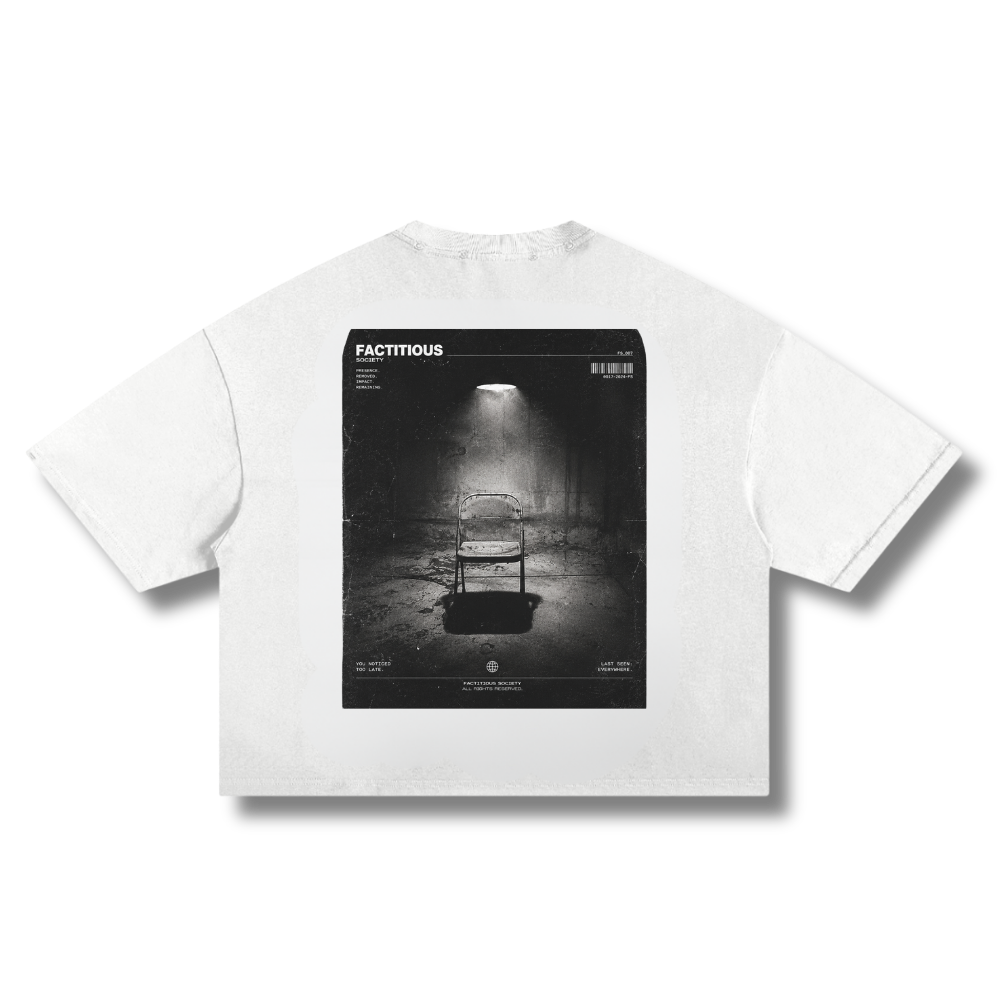 Back of white Factitious Society boxy frayed graphic tee with large dark chair artwork