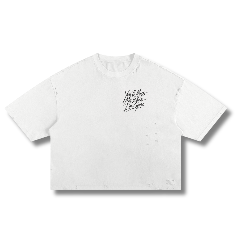 White You’ll Miss Me boxy frayed tee from Factitious Society with handwritten chest graphic