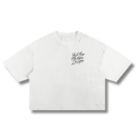 White You’ll Miss Me boxy frayed tee from Factitious Society with handwritten chest graphic